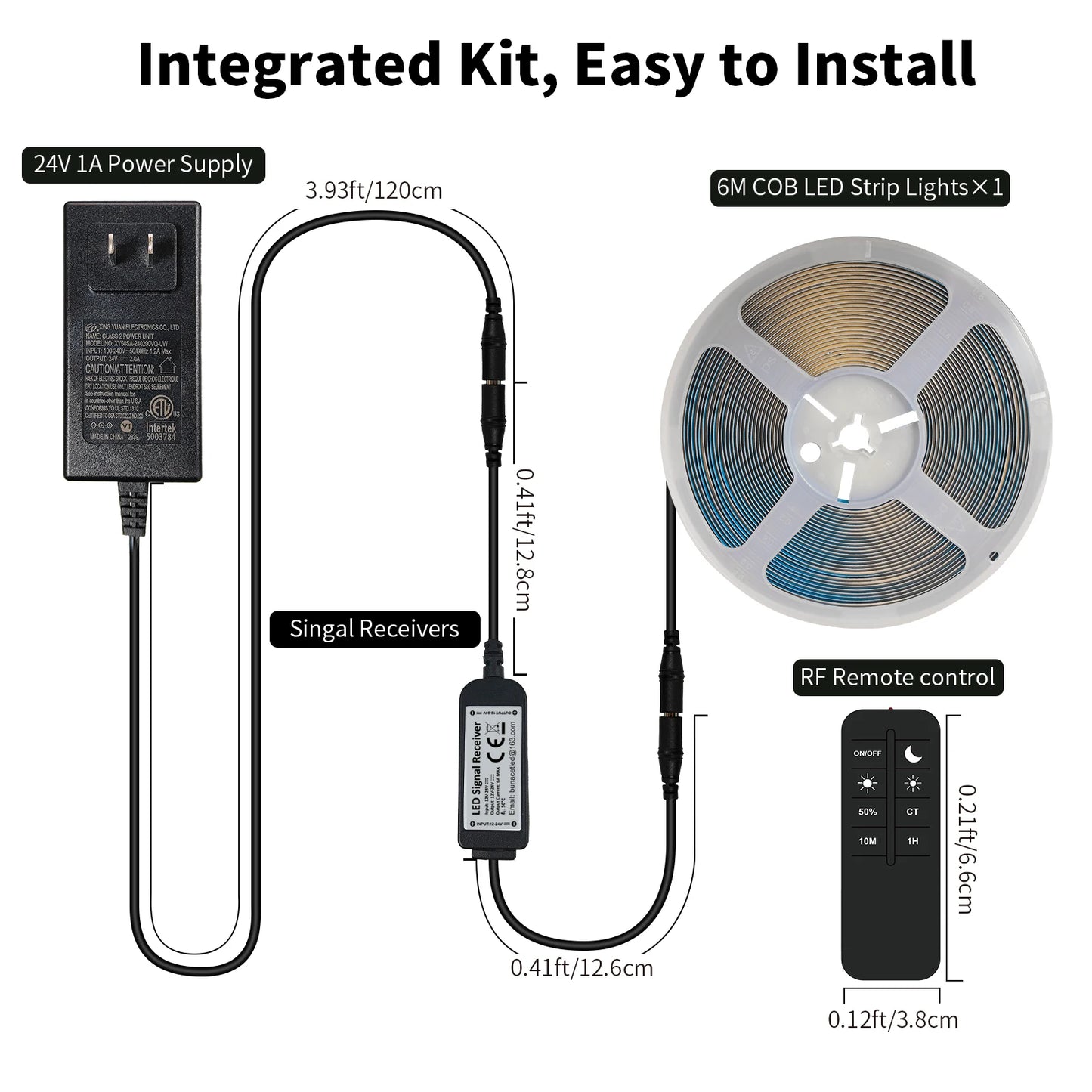 COB LED Strip Light 324led/m 6m 24V Warm/Natural/Cold White High CRI 90+ with RF Remote Flexible Light Strip for Bedroom Kitchen