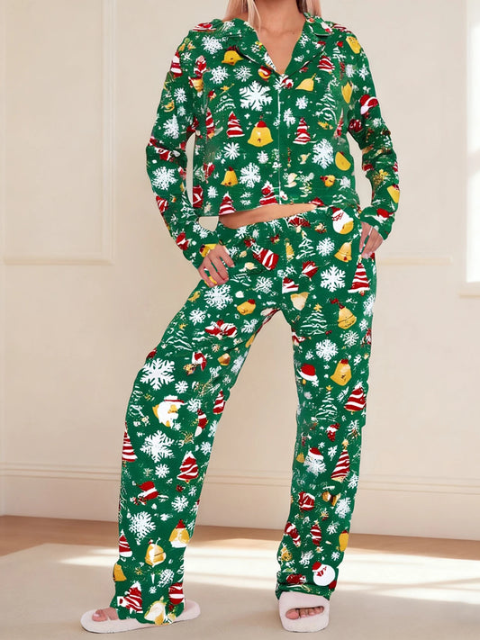 XBTCLXEBCOCN Women Festive Christmas Tree Print Pajama Set With Cozy Long Sleeve Button Up Top And Elastic Waist Pants