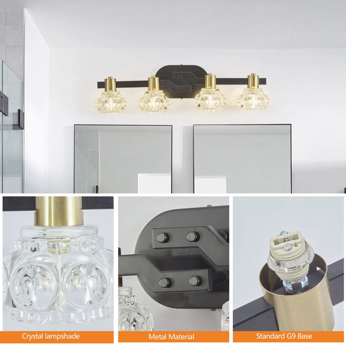 ARLGSITE Vintage 4 Light Wall Sconce With Clear Crystal Shades Iron Finish Vanity Fixture