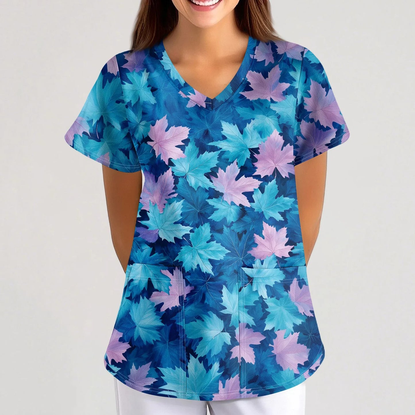 Eillysevens Women Nurse Uniform Cartoon Print Pocket Top