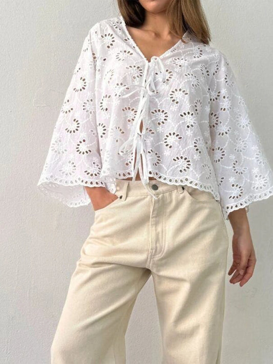 Stylish Women s V Neck Blouse with Eyelet Detailing Solid Color Loose Fit 3 4 Sleeves and Tie Front Design