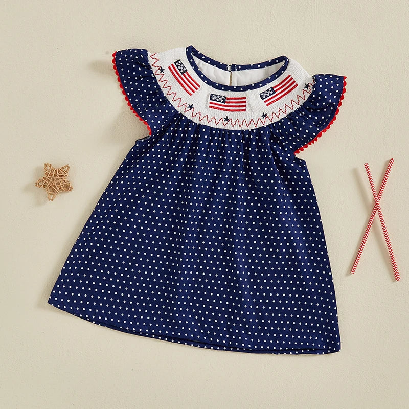 Girls American Flag Embroidered Dress with Polka Dot and Plaid Print Short Sleeve Toddler Dress for Patriotic Events and Cute