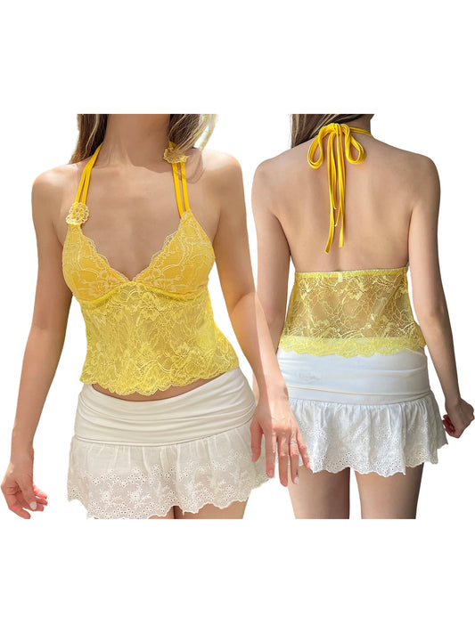 Hirigin Elegant Lace Halter Neck Top Open Back Floral Cami