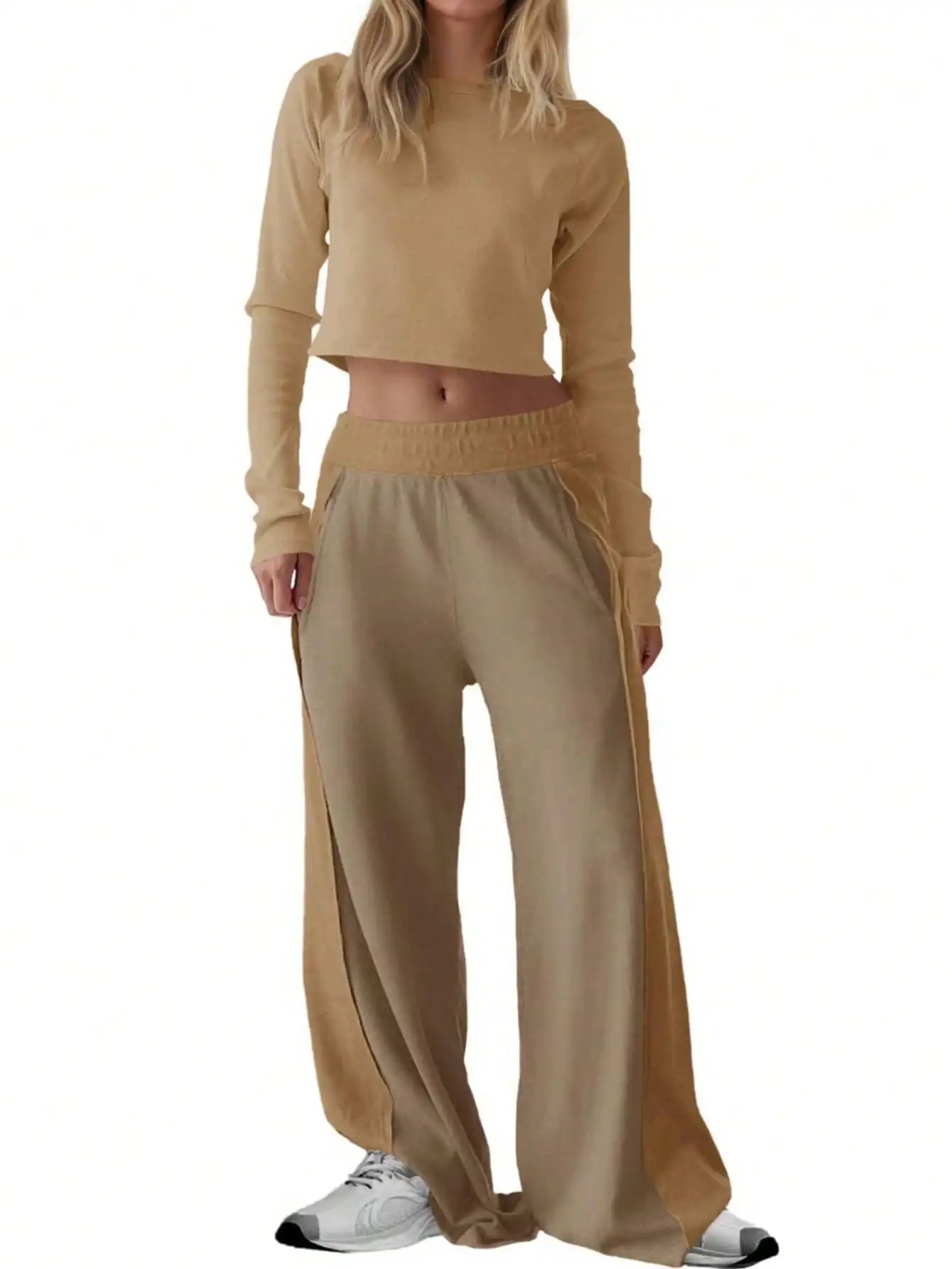 Fisoew Women Two Piece Set Off Shoulder Crop Top Wide Leg Pants Casual Lounge Wear Travel Outfit Long Sleeve Tracksuit