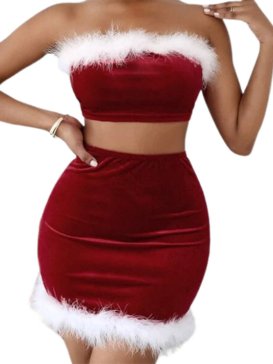 Hirigin Velvet Strapless Christmas Mini Skirt Set With Diamond Embellishments Lingerie Look