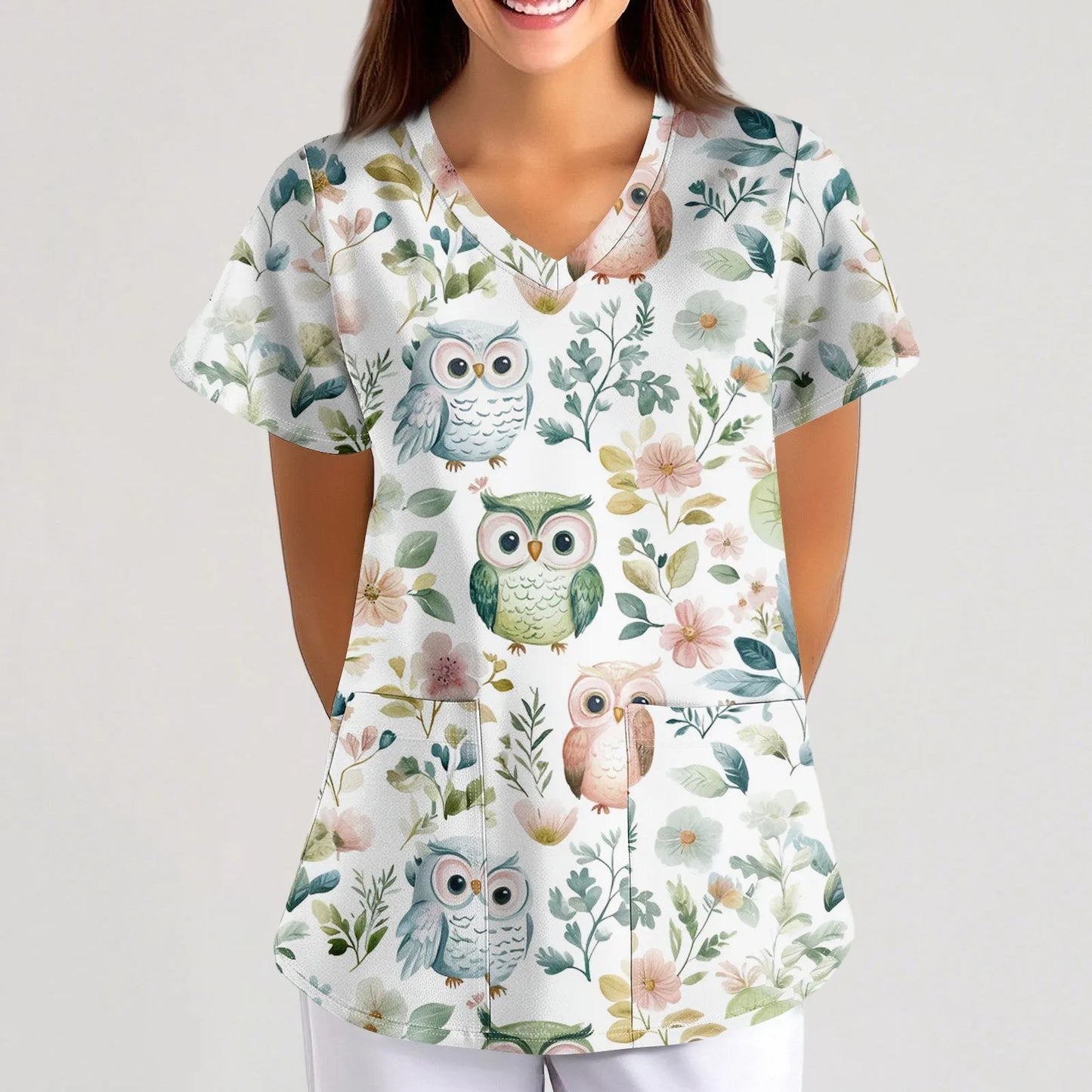 Eillysevens Women Nurse Uniform Cartoon Print Pocket Top