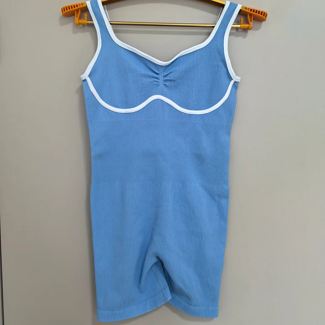 VEQKING Low V Neck Women Yoga Jumpsuit One Piece Sports Shorts Set Open Back Gym Fitness Tracksuits Tight Fit Ribbed Workout Set