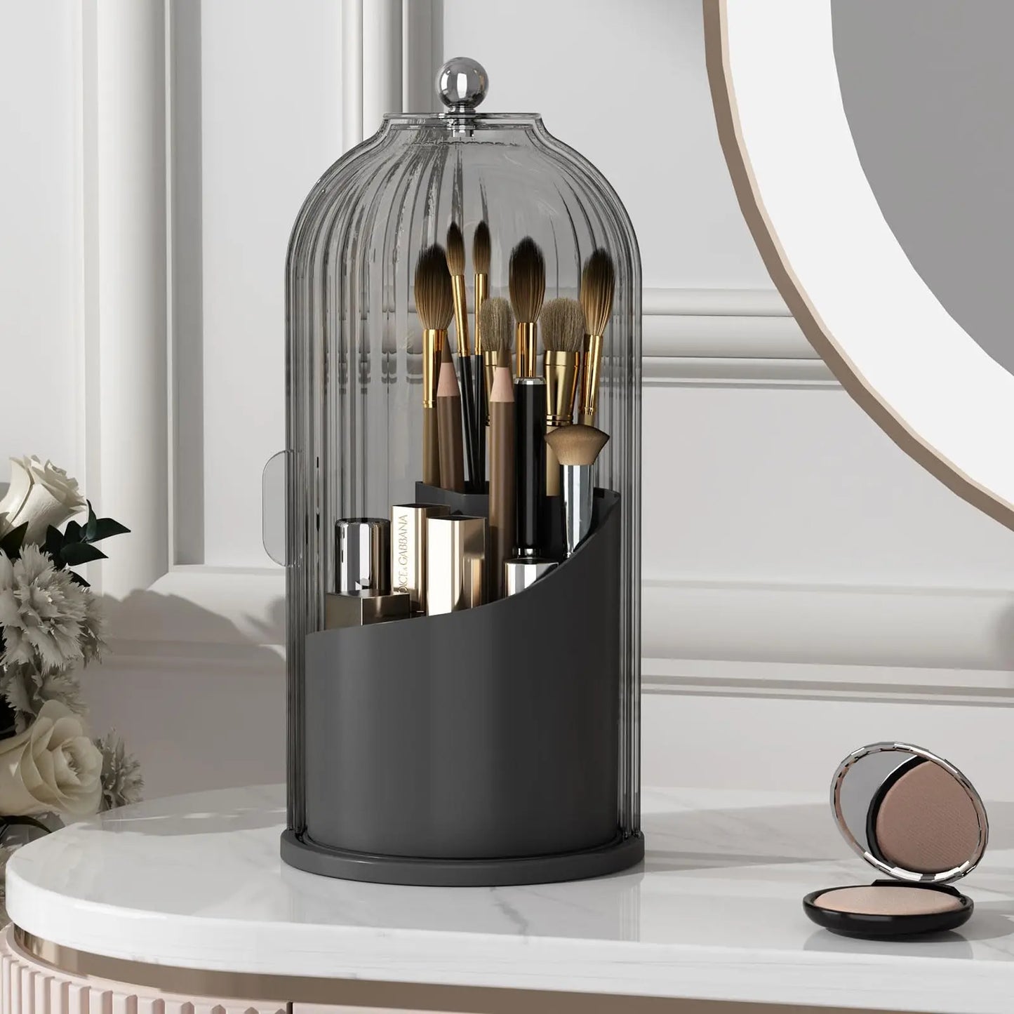 YOOLENS Makeup Brush Holder Organizer with Lid,360 Rotating Clear Dustproof Makeup Brushes Organizer for Vanity Desktop Bathroom