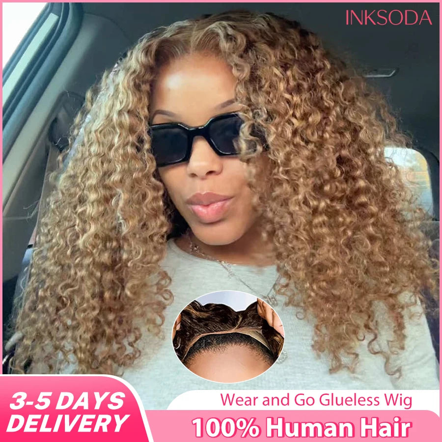 Honey Blonde Deep Wave Glueless Wigs 100% Human Hair Pre Cut Highlight Wear and Go Curly Wigs for Women Ombre HD Lace Front Wig