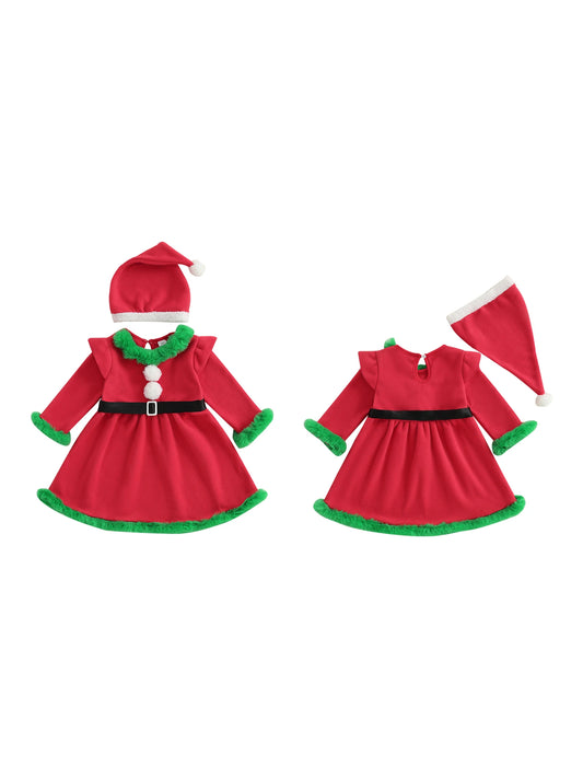 Christmas Girls A-line Dress with Flutter Sleeves Round Neck Belted Waist and Santa Hat - Festive Princess Dress for the
