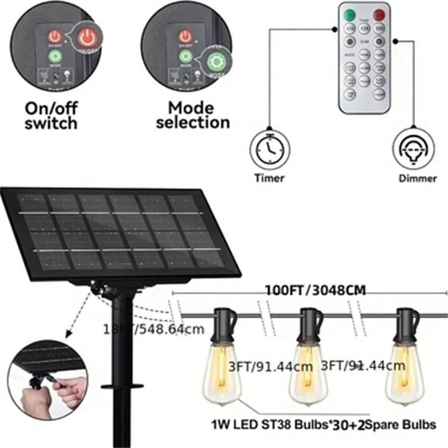 Linear 25/60/100/ ft solar string lights with USB port and remote control, solar garden lights, durable, dimmable, ST38 LED bulb