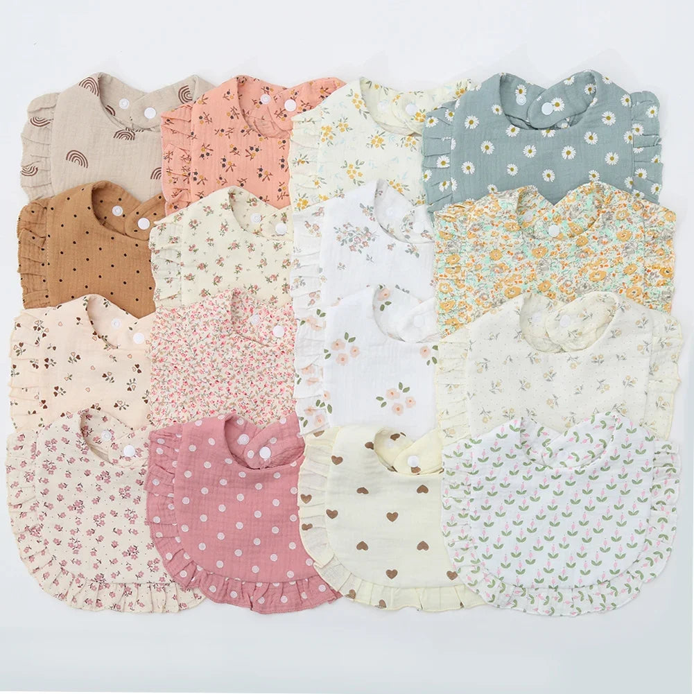 Flower Print Baby Bibs Adjustable Snap Burp Cloths Saliva Towel Muslin Cotton For Feeding