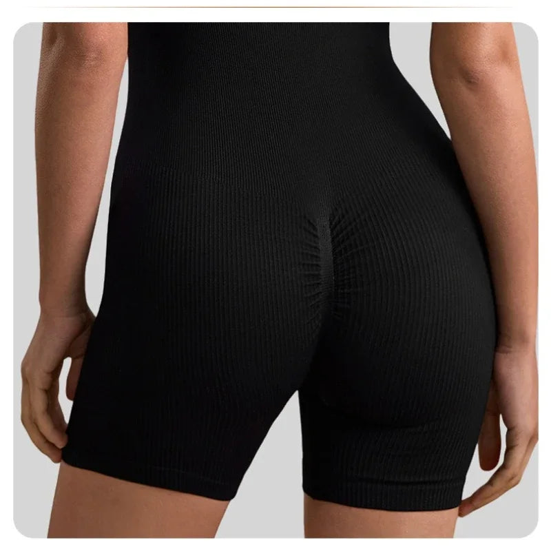 VEQKING Low V Neck Women Yoga Jumpsuit One Piece Sports Shorts Set Open Back Gym Fitness Tracksuits Tight Fit Ribbed Workout Set