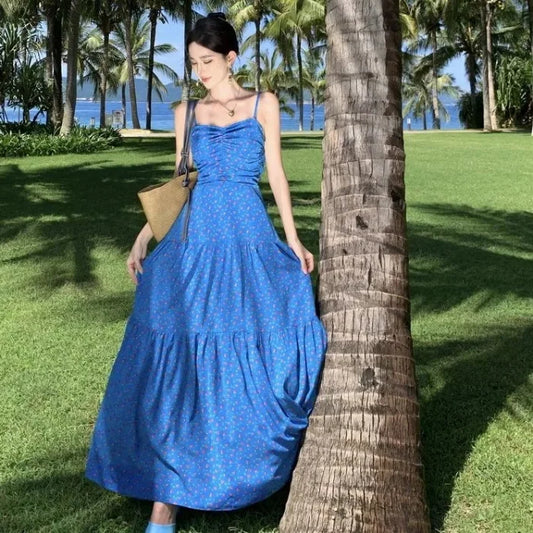 Hebei Floral Halter Dress For Women Butterfly Knot Back High Waist Sleeveless Empire Waist Beach Outfit