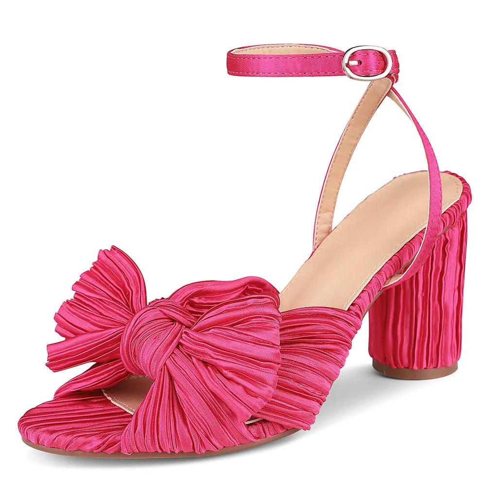 GIGIFOX Bowknot Elegant Super High Heel Sandals Pleated Ankle Strap Open Toe Round Heel Buckle Strap Shoes Fashion Dress Sandals