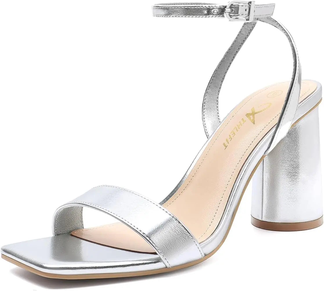 Women's Strappy Chunky Block Heels Fashion Square Open Toe Heeled Sandals Ankle Strap Wedding Party Shoes