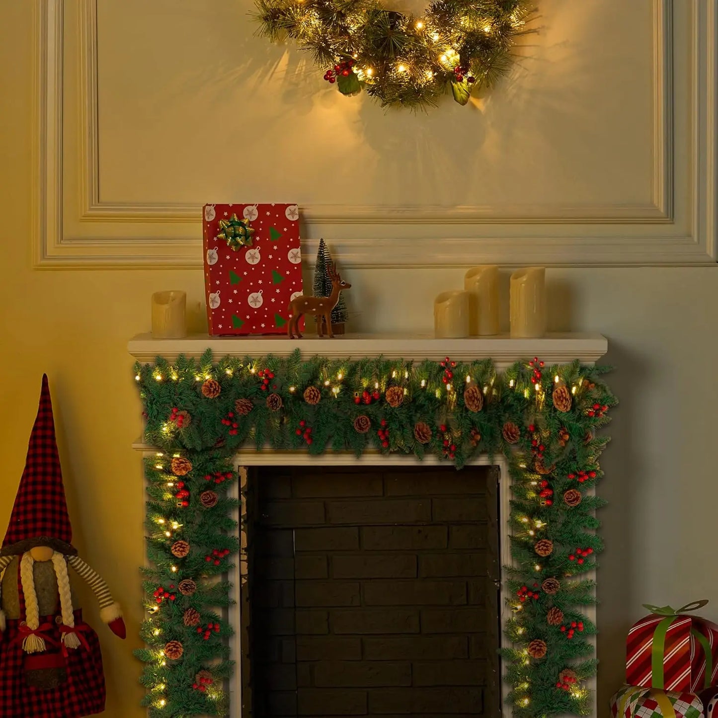 Joyfy Artificial Christmas Garland Prelit With LED Lights Pine Cones And Red Berries For Home Office Decor