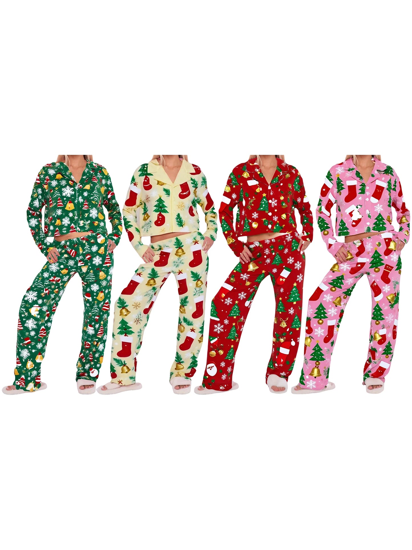 XBTCLXEBCOCN Women Festive Christmas Tree Print Pajama Set With Cozy Long Sleeve Button Up Top And Elastic Waist Pants