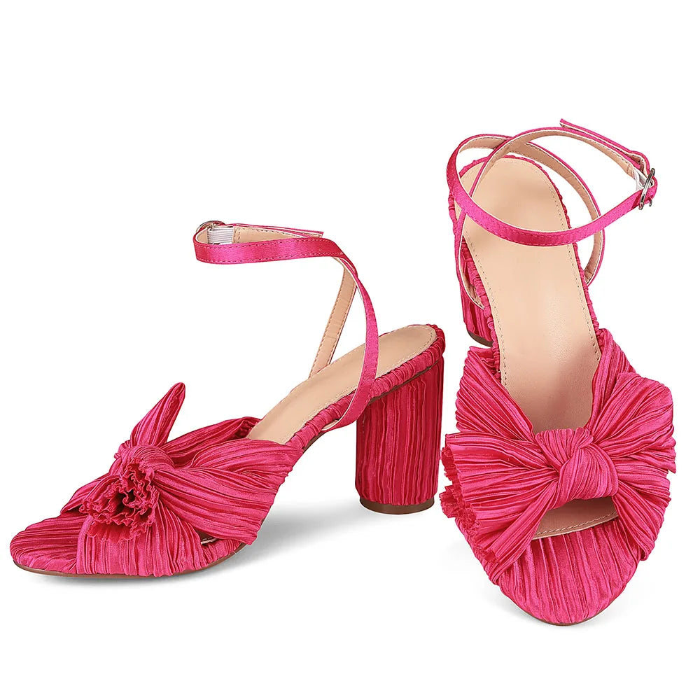 GIGIFOX Bowknot Elegant Super High Heel Sandals Pleated Ankle Strap Open Toe Round Heel Buckle Strap Shoes Fashion Dress Sandals