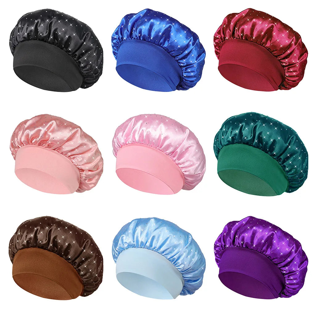 KYDZSWCN Satin Rhinestone Sleep Bonnet Headwrap Wide Band Cap