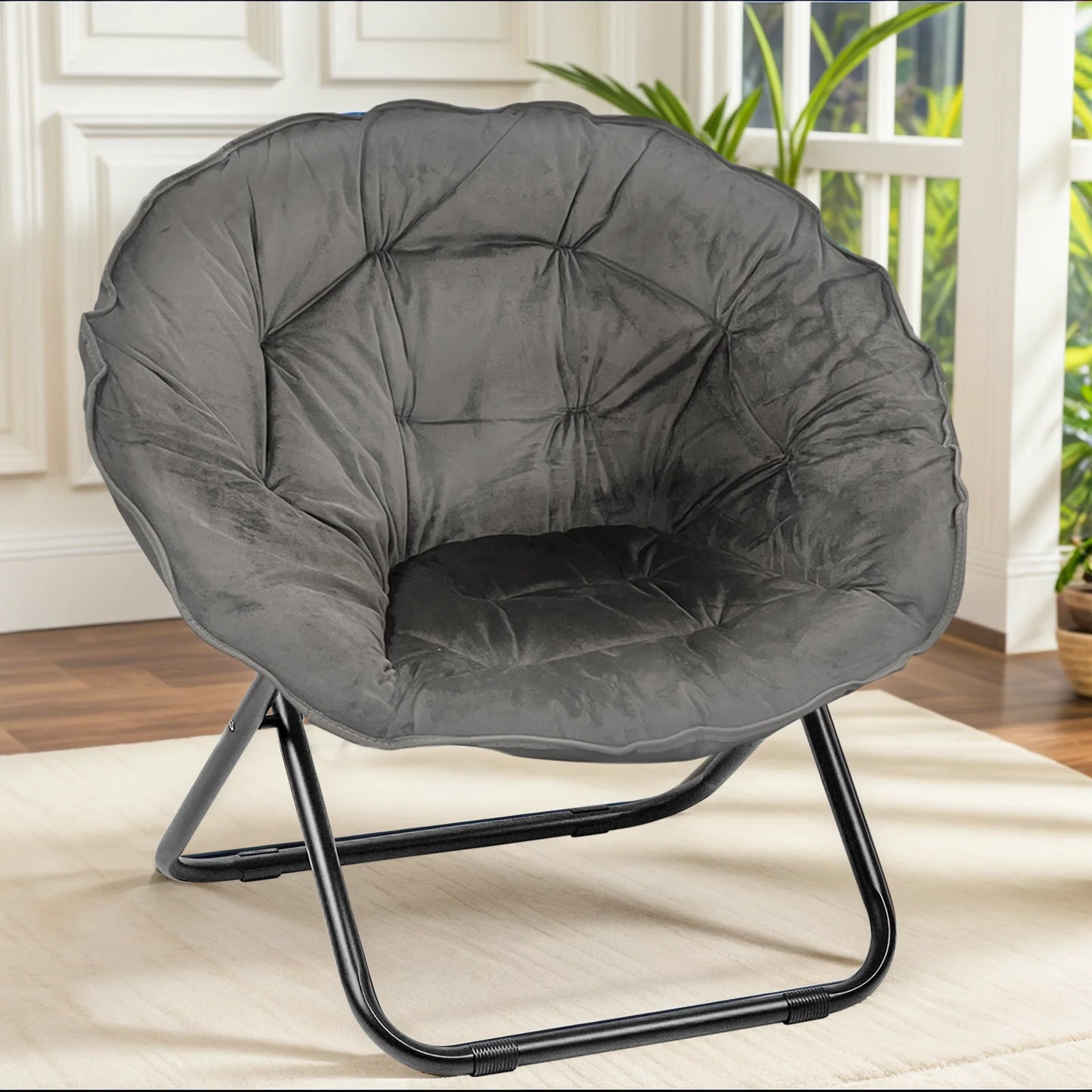 Grezone Round Foldable Saucer Chair Moon Chair With Metal Frame