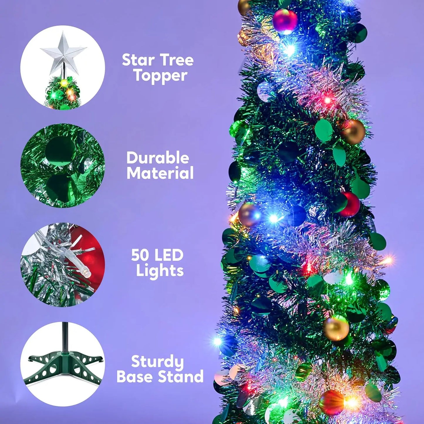 Joyfy Pop Up Christmas Tree With 50 LED Lights Collapsible Tinsel Decorations For Home Holiday Party
