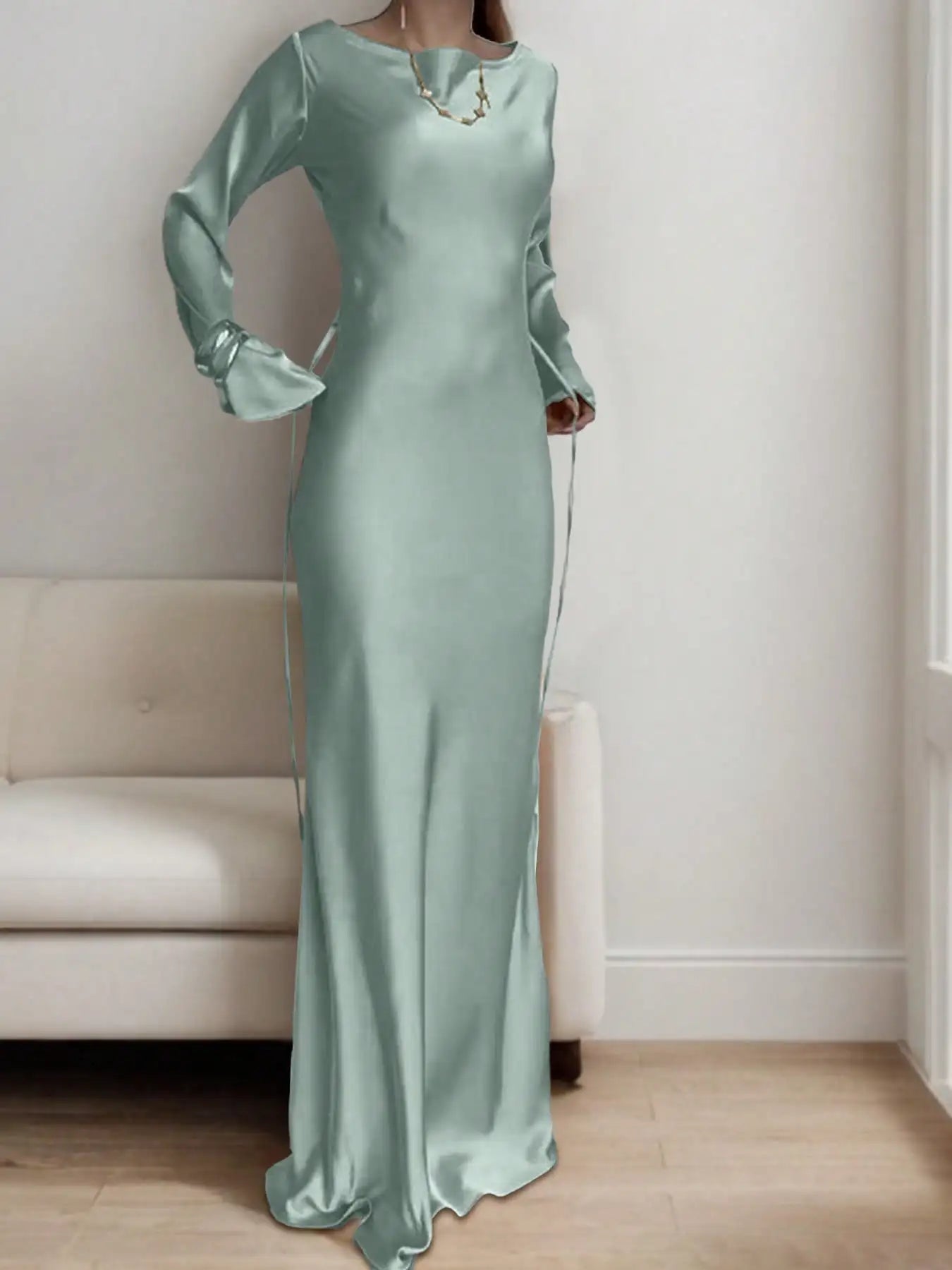 Satin Maxi Dress With Corset Waist Tie Round Neck