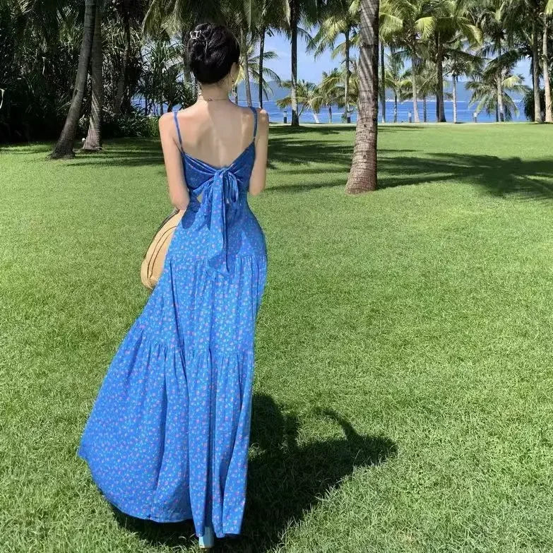 Hebei Floral Halter Dress For Women Butterfly Knot Back High Waist Sleeveless Empire Waist Beach Outfit