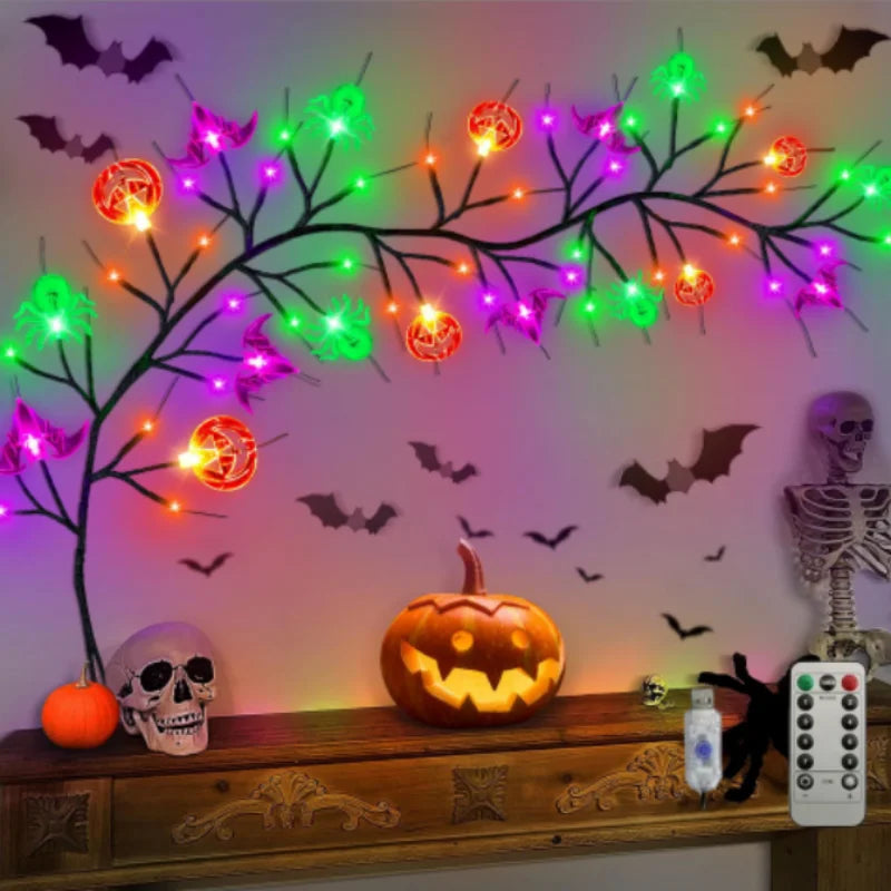 Willow Vine Halloween String Lights With Bat Spider Pumpkin