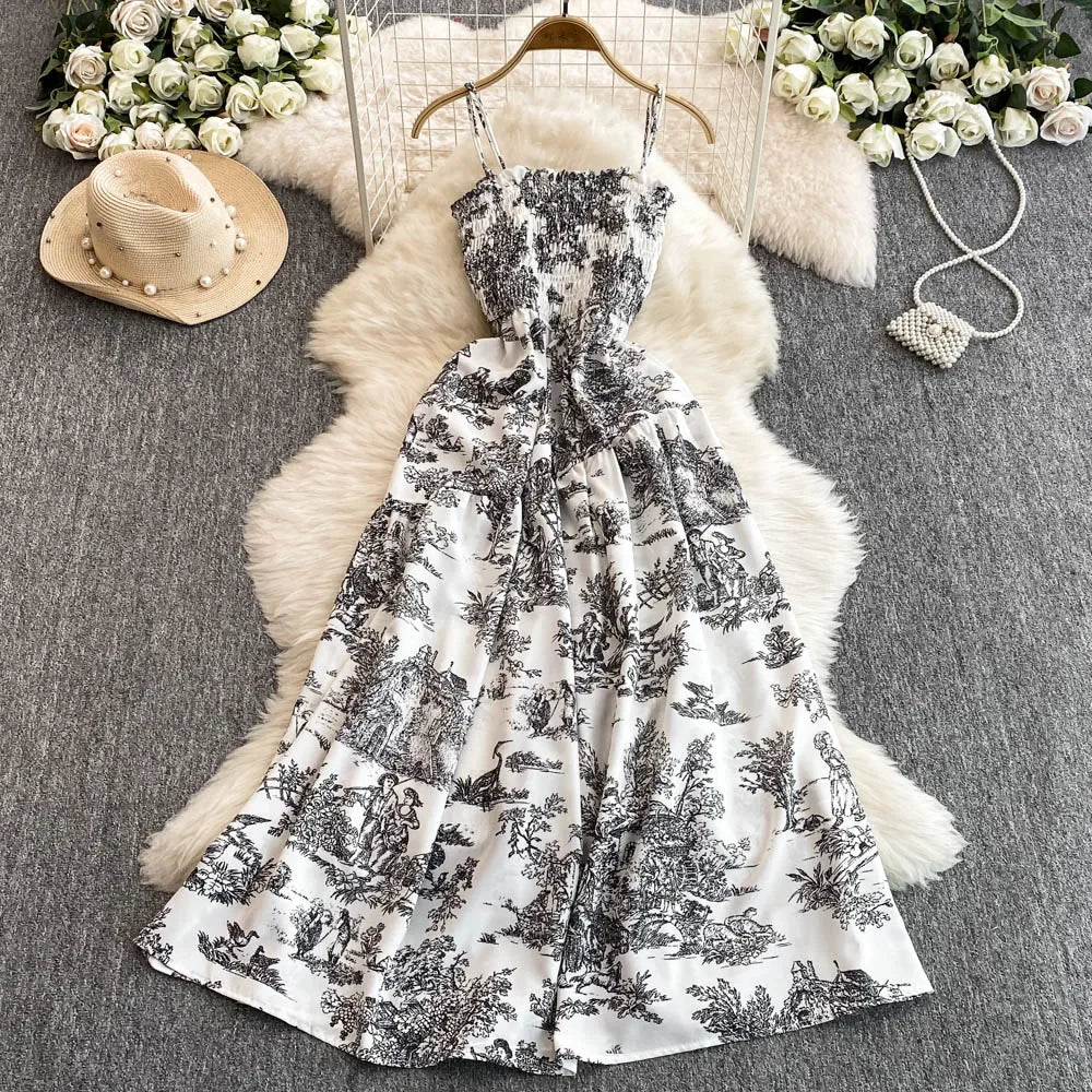 Abebey Elegant Floral Print Retro Party Dress With Elastic High Waist Maxi Beachwear