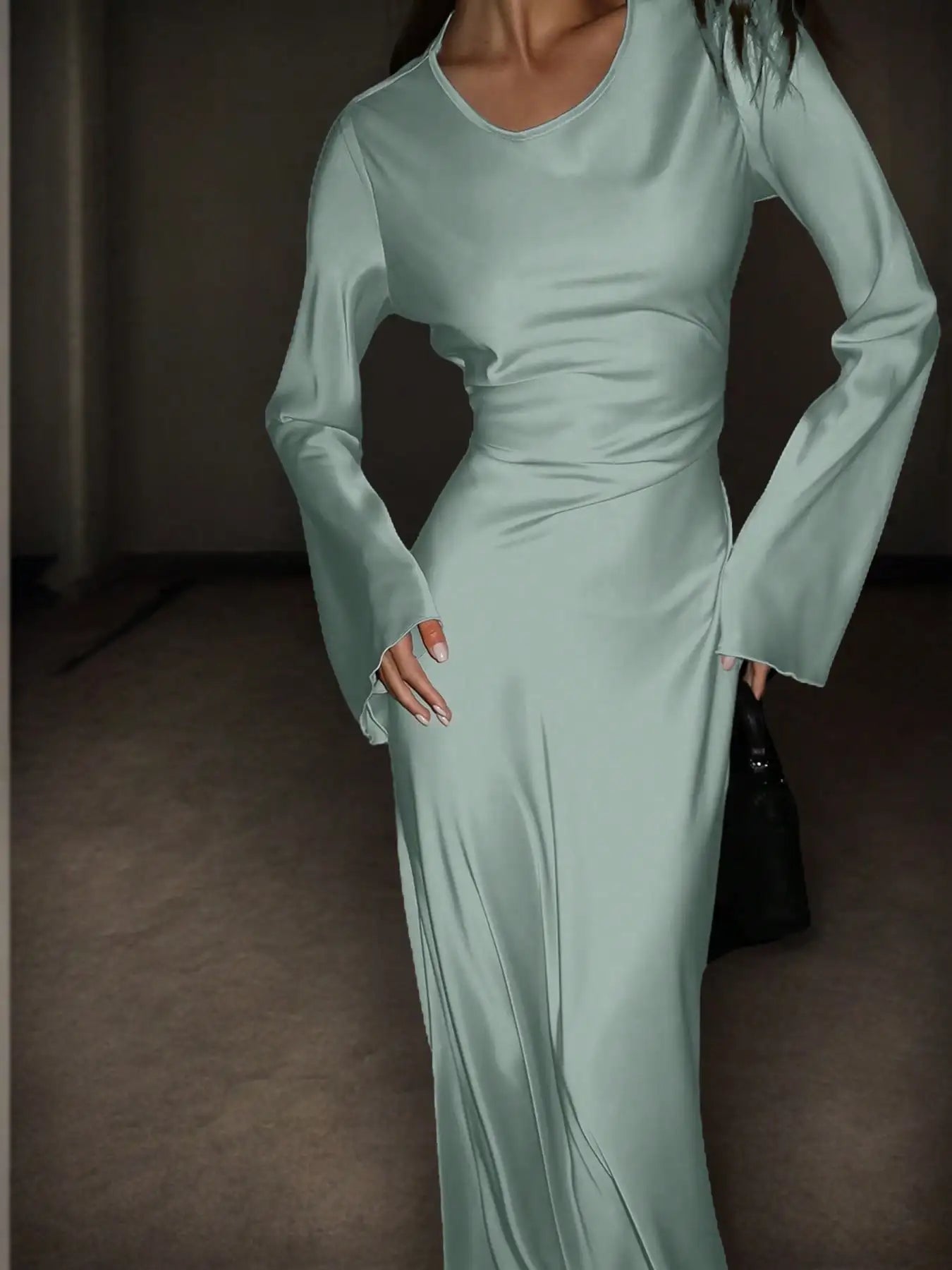 Women's Bespoke Satin Maxi Dress with Corset Waist Tie Classic Round Neck & Dramatic Flared Sleeves Luxury Evening Dress