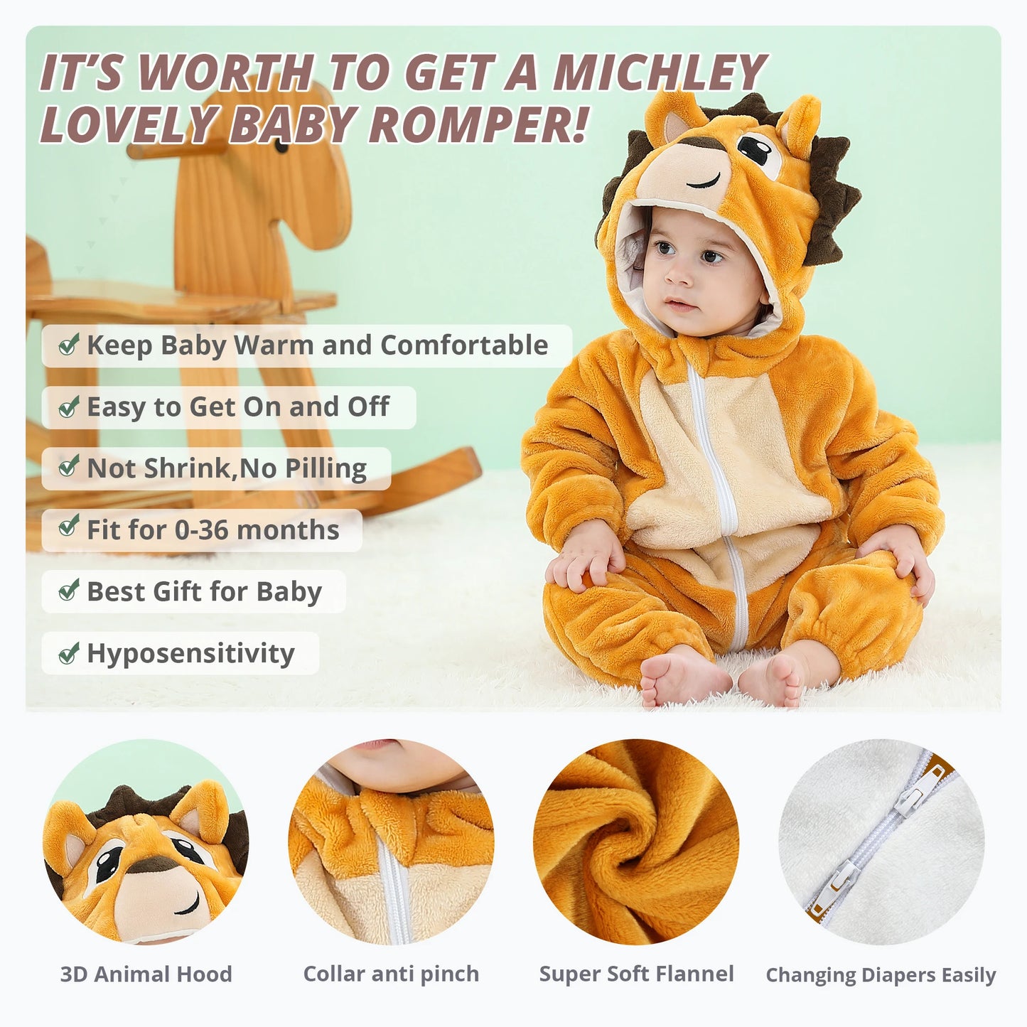 Michley Halloween Dinosaur Baby Rompers Hooded Jumpsuit