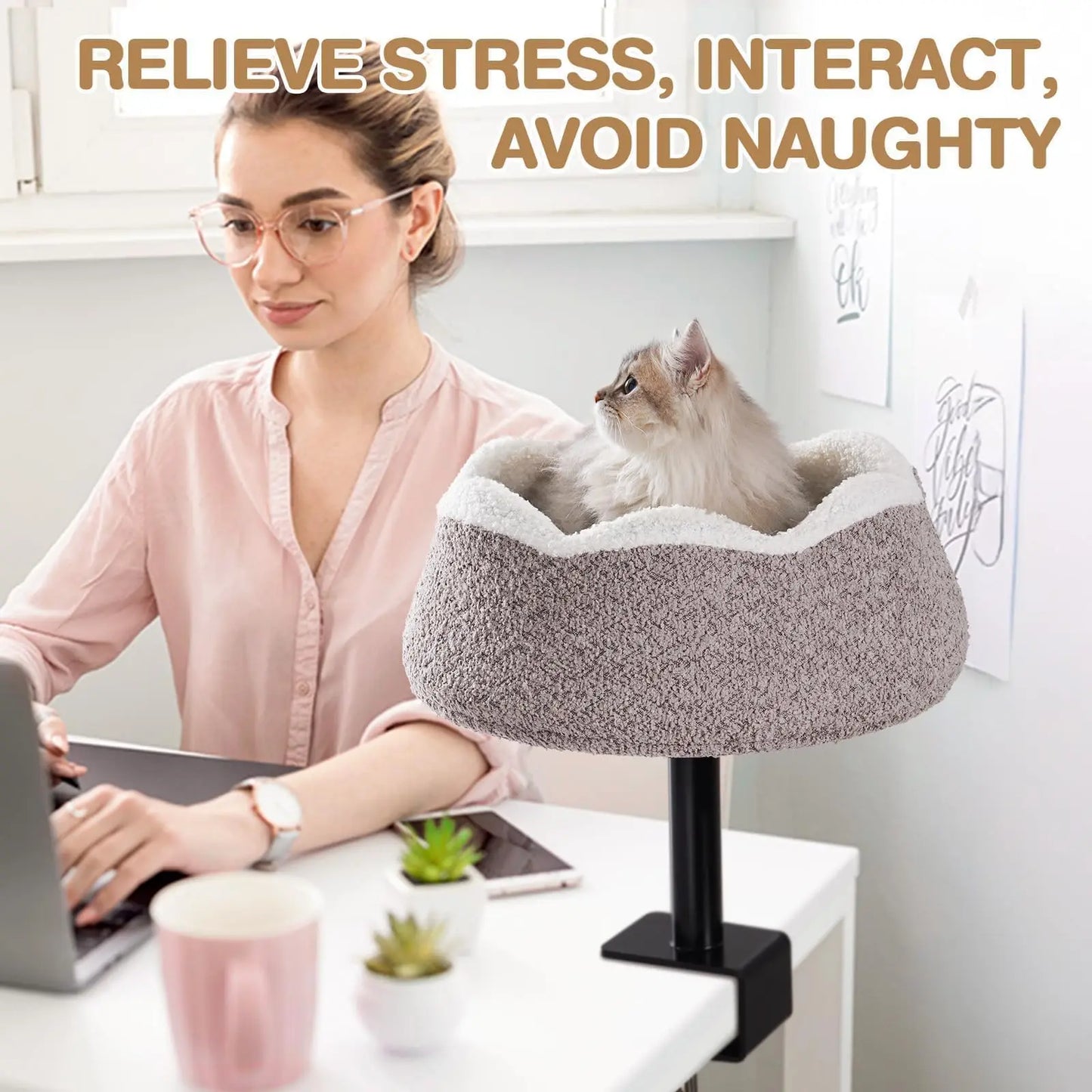 MEWOOFUN Cat Desk Bed Perch 360 Rotation Adjustable Height