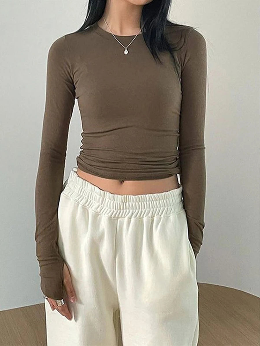 Women Casual Thumb Hole Shirt Trendy  Fit Long Sleeve Round Neck Tops Summer Solid Color Tee