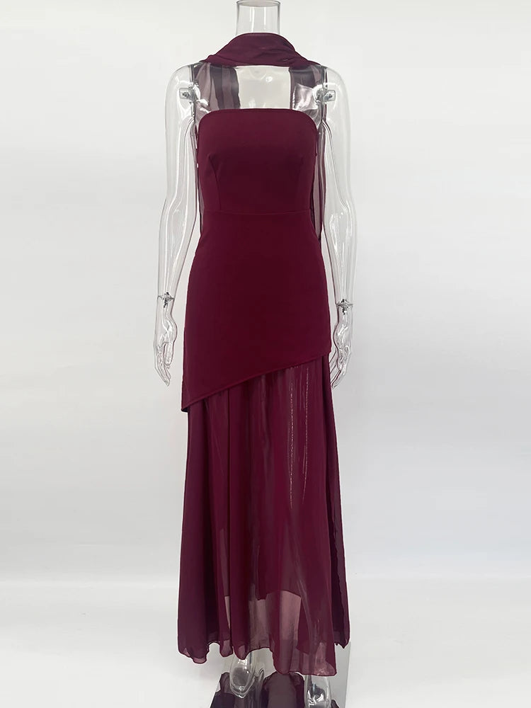 TARUXYCN Strapless Ribbon Dress Women Elegant Mesh Sleeveless Maxi Beach Vacation