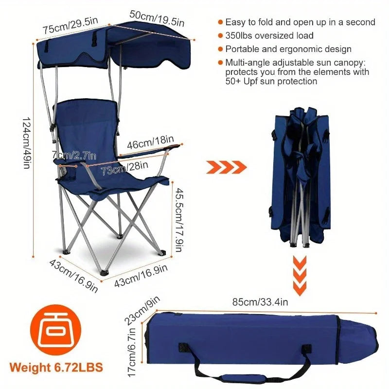 Fold Camping Chair With Canopy Sun Shade And Cup Holder