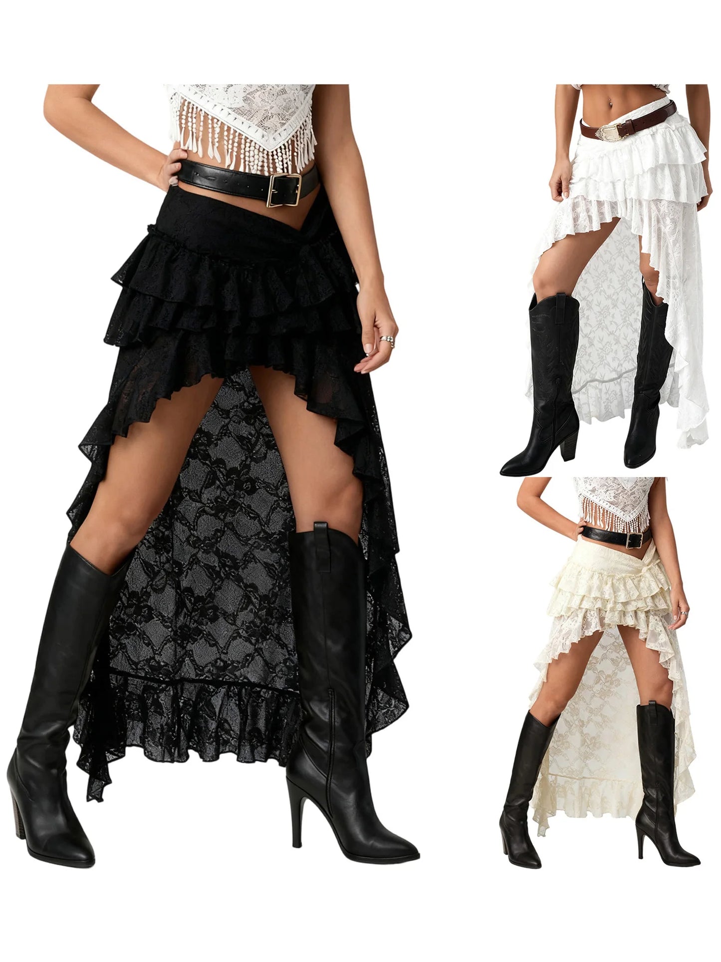 Women Flower Lace Skirt Elastic Waist High Low Layered Ruffle Skirt Casual Summer Streetwear