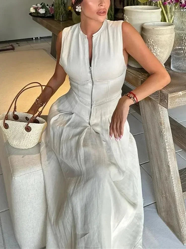 MUJERCN Zipper Long Pleated Sleeveless Midi Dress For Women