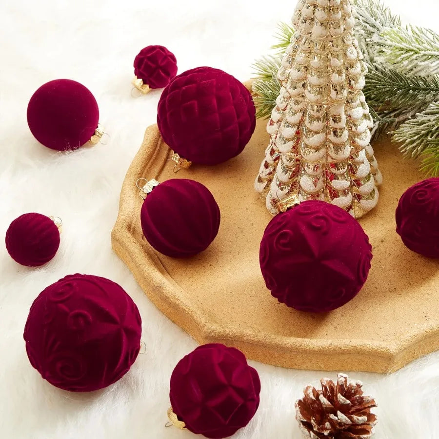 Velvet Christmas Ball Ornaments 46pcs Flocked Christmas Tree Decorations Set Assorted Shatterproof Hanging Ornaments with Loop