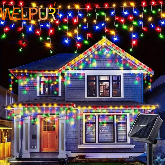 WELPUR Solar Icicle Christmas Lights Outdoor Curtain String
