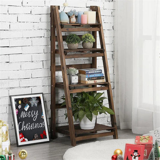 Folding 4 Tier Ladder Shelf Wood Storage Rack for Indoor Plants