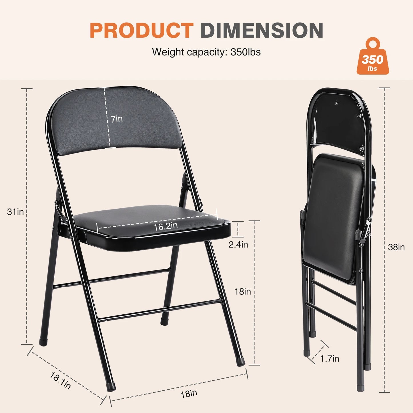 JHK Leather Padded Folding Chairs 2 Pack Sturdy Metal Frame