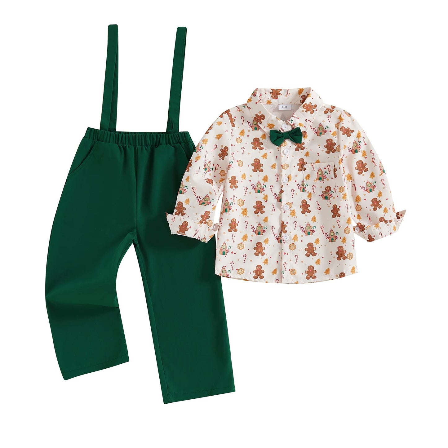 CN Guangdong Baby Boy Christmas Outfit Set Gingerbread Print Shirt Two Piece Overalls