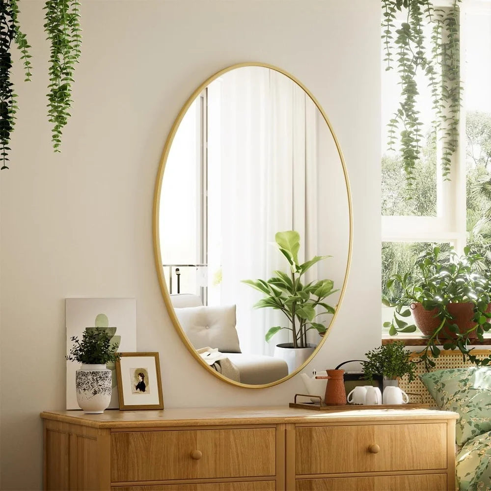 Oval Bathroom Mirror Wall Mounted Metal Frame High Definition Glass Easy Install Decorative Vanity Mirror Shatter Resistant