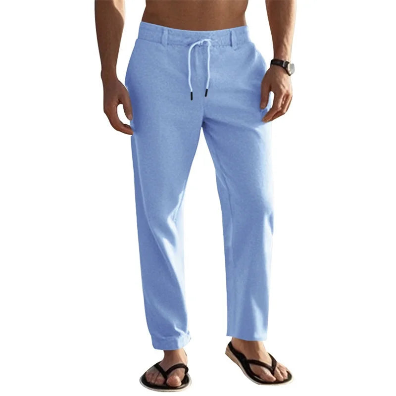 Men s Lightweight Drawstring Linen Pants with Pockets Comfortable Straight Leg Casual Trousers for Summer Beach Wear