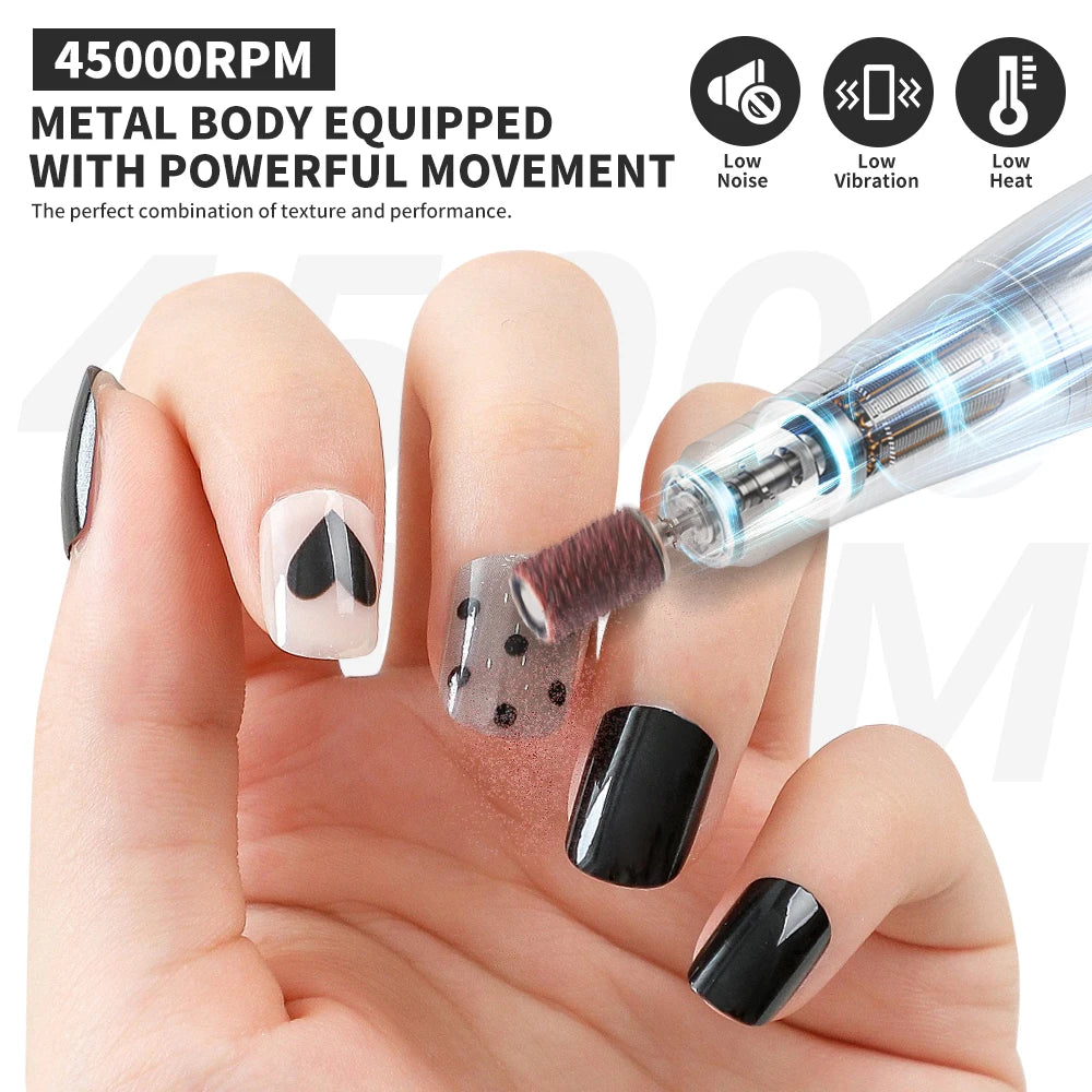 45000RPM Electric Nail Drill Polisher Rechargeable Professional Electric Nail Machine Kit for Home Acrylic Gel Nails Polishing