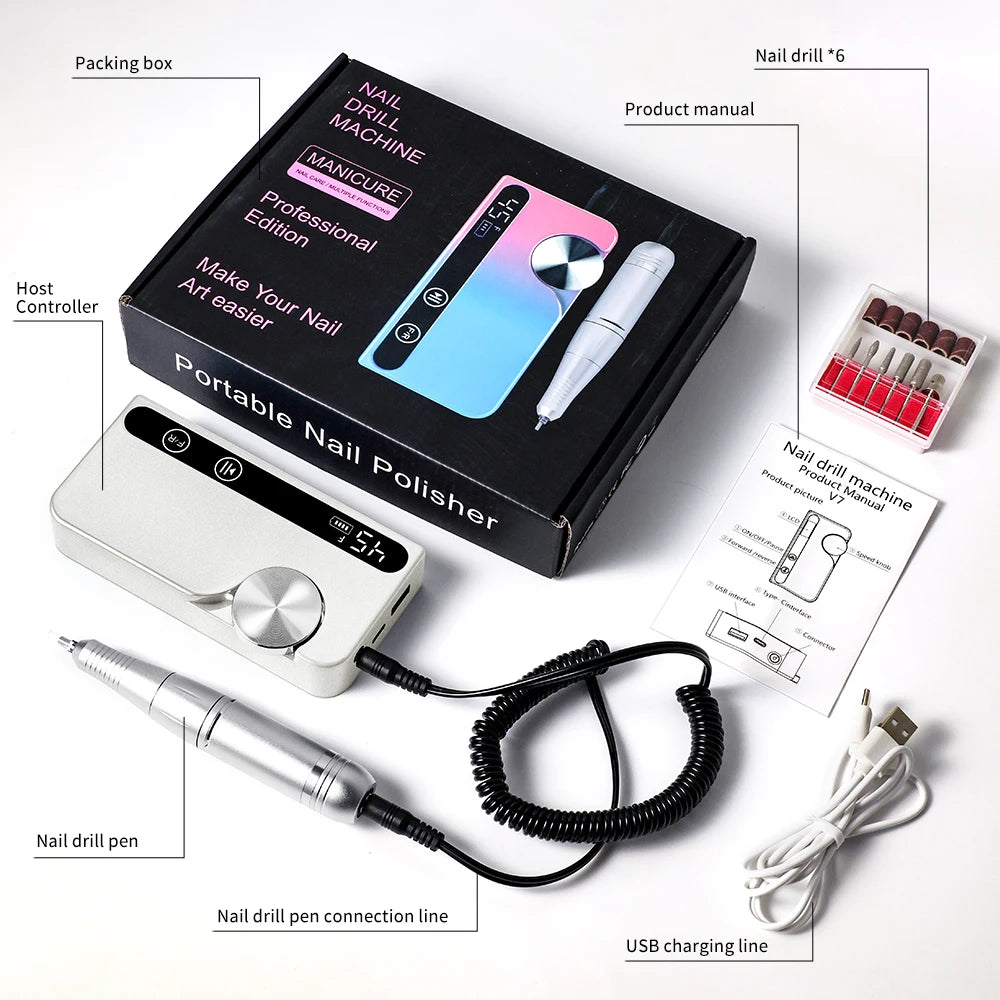 45000RPM Electric Nail Drill Polisher Rechargeable Professional Electric Nail Machine Kit for Home Acrylic Gel Nails Polishing