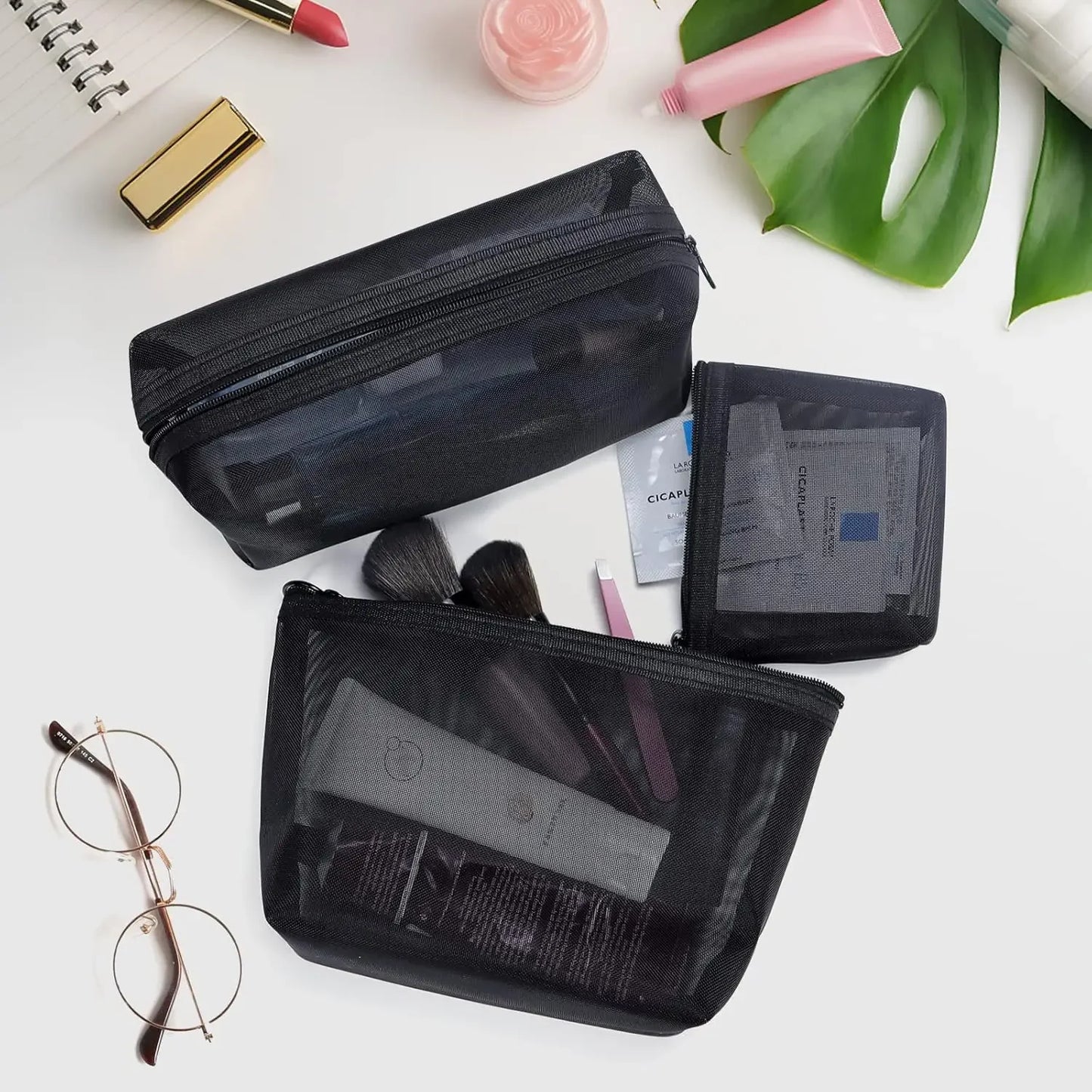 3-Pack Mesh Cosmetic Bags Travel Storage Zipper Closure