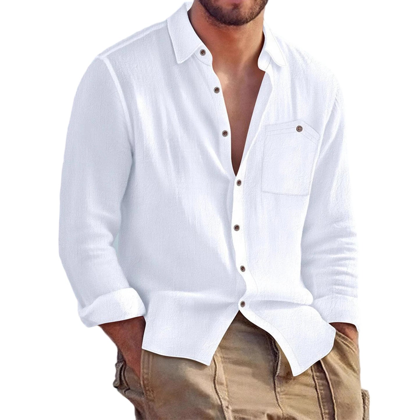 Men s Relaxed Fit Long Sleeve Solid Color Button Down Shirt with Turn-down Collar and Chest Pockets for Autumn Casual Wear