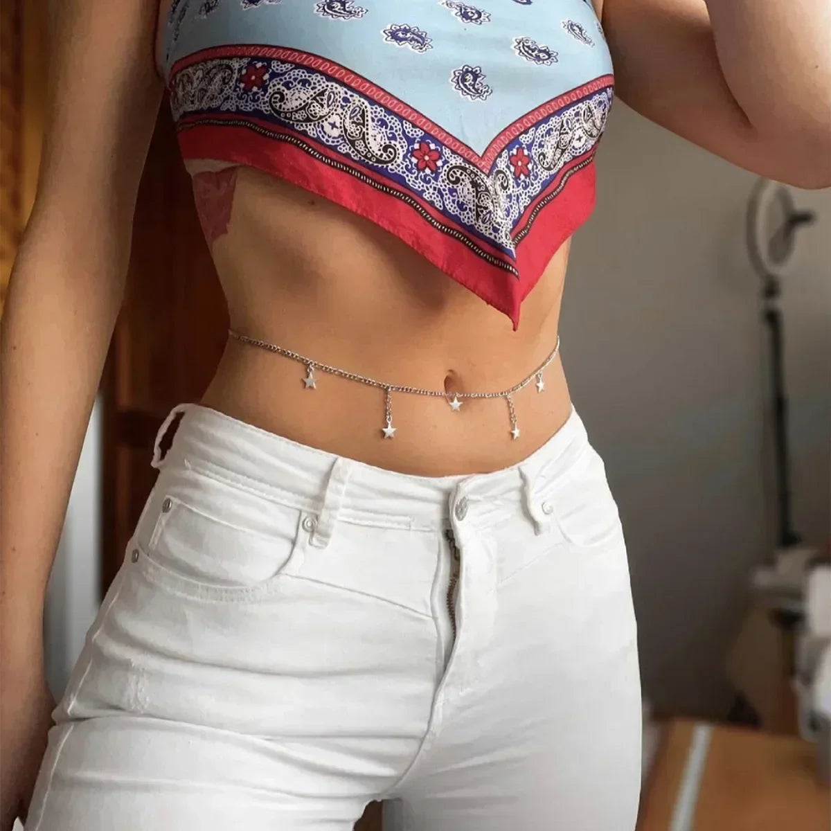 Double Layer Rhinestone Tassel Waist Chain Body Jewelry